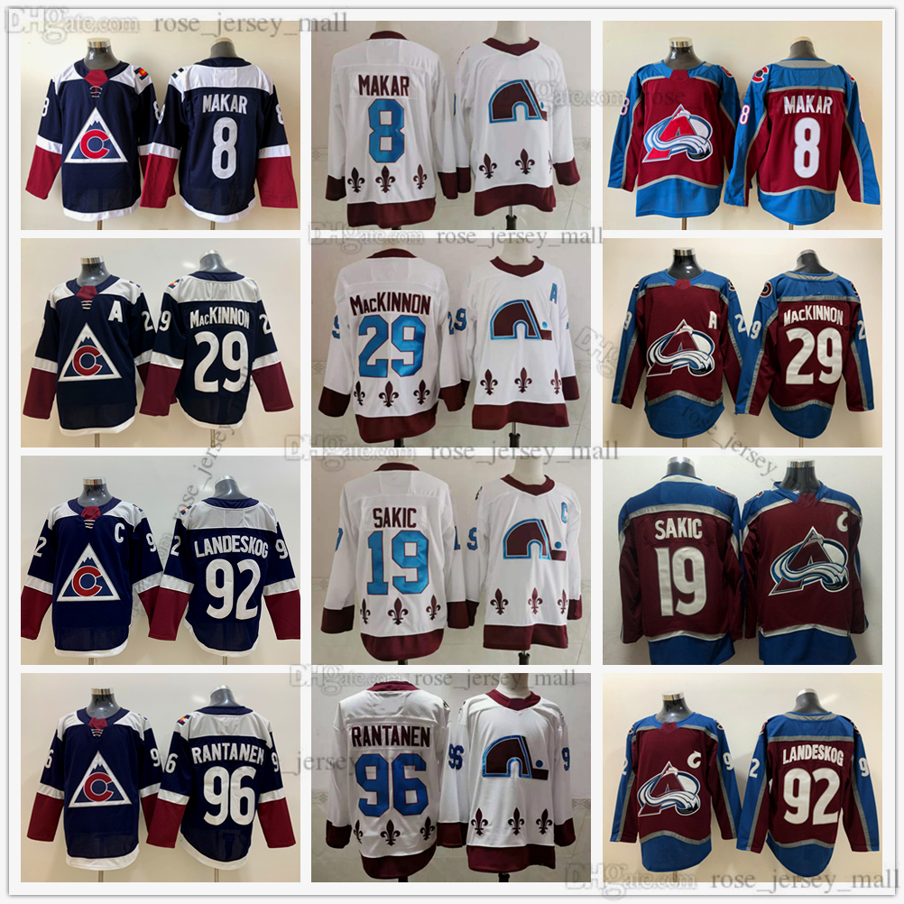 

Colorado Avalanche Ice Hockey 29 Nathan MacKinnon Jerseys Red Blue 8 Cale Makar 19 Joe Sakic 92 Gabriel Landeskog 96 Mikko Rantanen Jersey W, Black;red