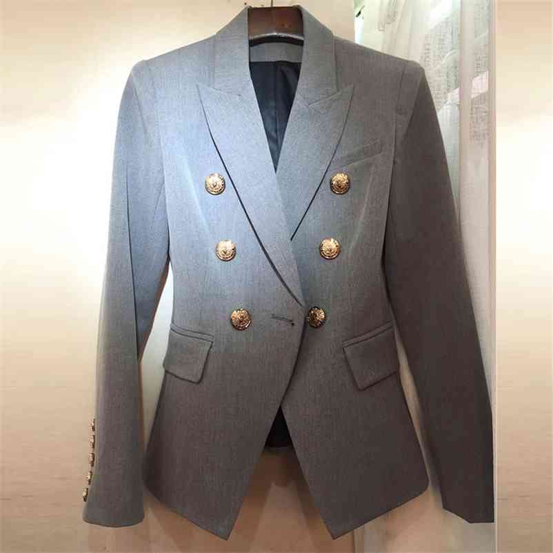 

HIGH STREET Fashion Stylish Blazer Jacket Women's Lion Gold Buttons Double Breasted Career Outer Wear 210521, Beige