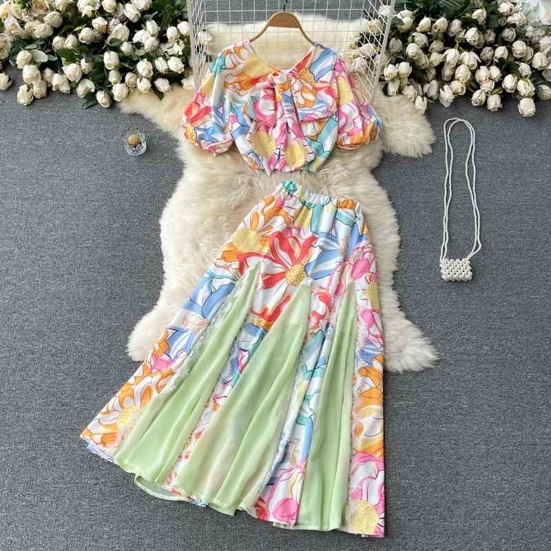 

Ladies temperament suit summer age-reducing puff sleeve short top design sense printed skirt two-piece 210525, Beige