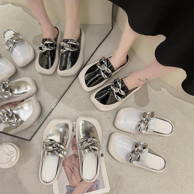 

Slippers Women Female Shoes Rubber Ladies Outside Mules Flip Flops Metal Decoration Slides 2021 Summer For, Black