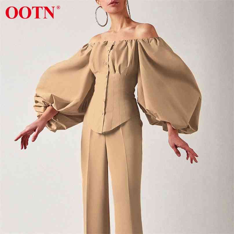

OOTN Sexy Slim Off Shoulder Women Shirt Blouses Lantern Sleeve Tunic Female Top Laides Pleated Elegant White Blouse Button 210719, Brown