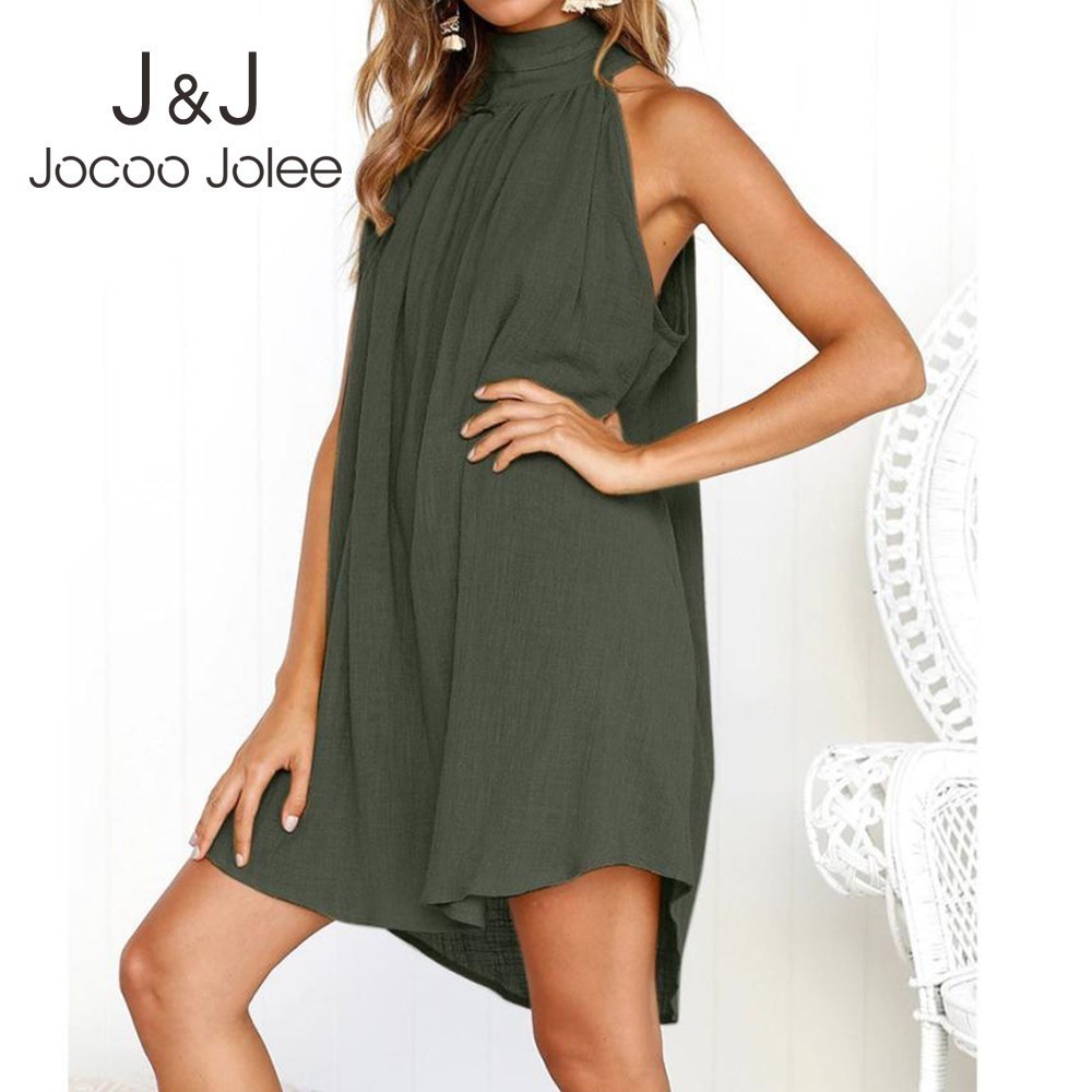 

Jocoo Jolee Summer Casual Sleeveless Off the Shoulder Mini Dress Women Solid Cotton Linen Loose Dresses Female Beach Dress 210518, Black