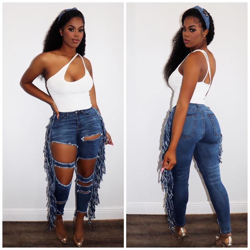 

tassel ripped jeans women blue bodycon holes pencil jeans pants casual denim destroyed trousers
