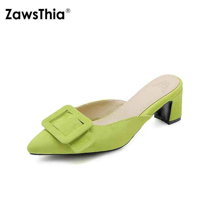 

Slippers ZawsThia 2021 Summer Flock Square High Heels Green Red Pink Woman Outdoor Women Slides Mules With Buckle Big Size 47 48, Black