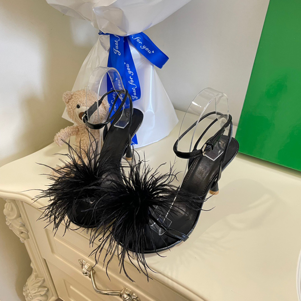 

Fashion Feminine high-heeled sandals non-slip designer leather black straps ostrich feather decoration wedding dress sandals with box, #0