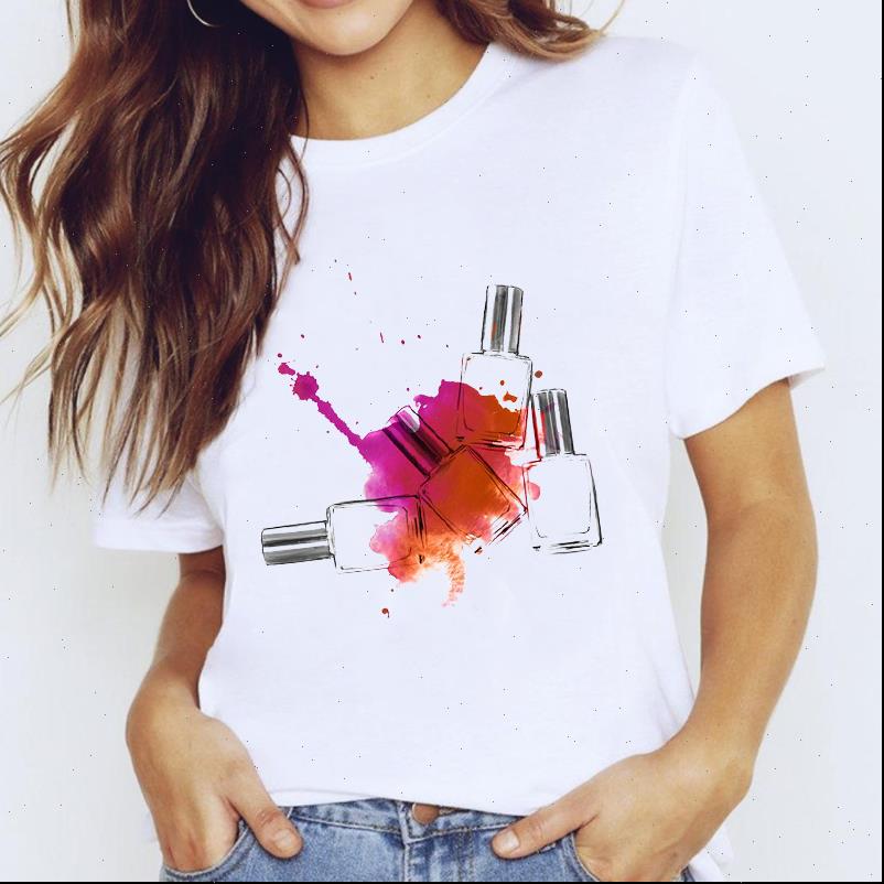 

short sleeve make up cute womens t shirt nail art clothing print graphic female tee, White