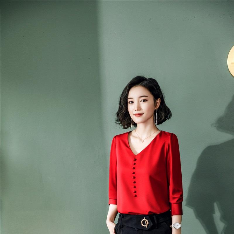 

Women' Blouses & Shirts Ladies Office Elegant Red And 2021 Spring Autumn Long Sleeve Business Work Wear Female Blouse Tops Clothes V-neck