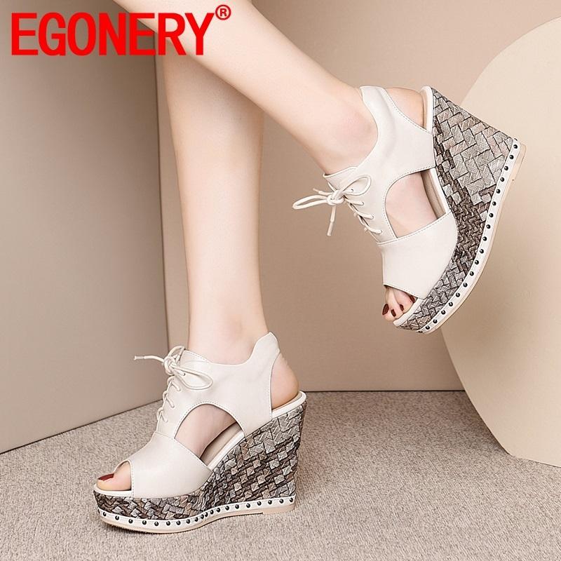 

Sandals EGONERY Summer Fashion Women Outside Super High Heels Platform Cross-tied Genuine Leather Shoes Drop, Black