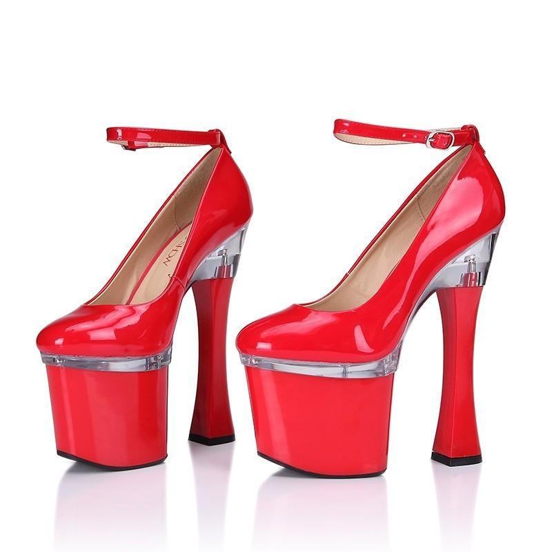

Sexy Women Patent Leather Super High Heels Shoes Clubwear Ankle Strap Wedding Party Thick Platform 20CM Pumps Dress, Black