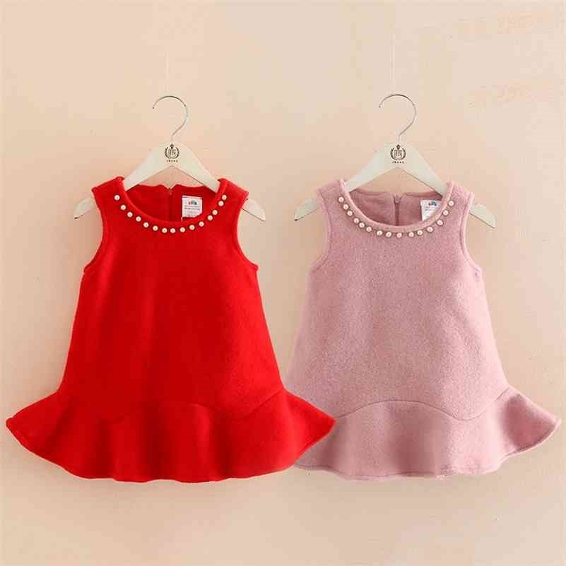 

Autumn Winter  Years 140cm Children Sweet Cute Sleeveless Pearl Tank Sundress Lining Ruffle Dress For Kids Baby Girls 210701, Pink