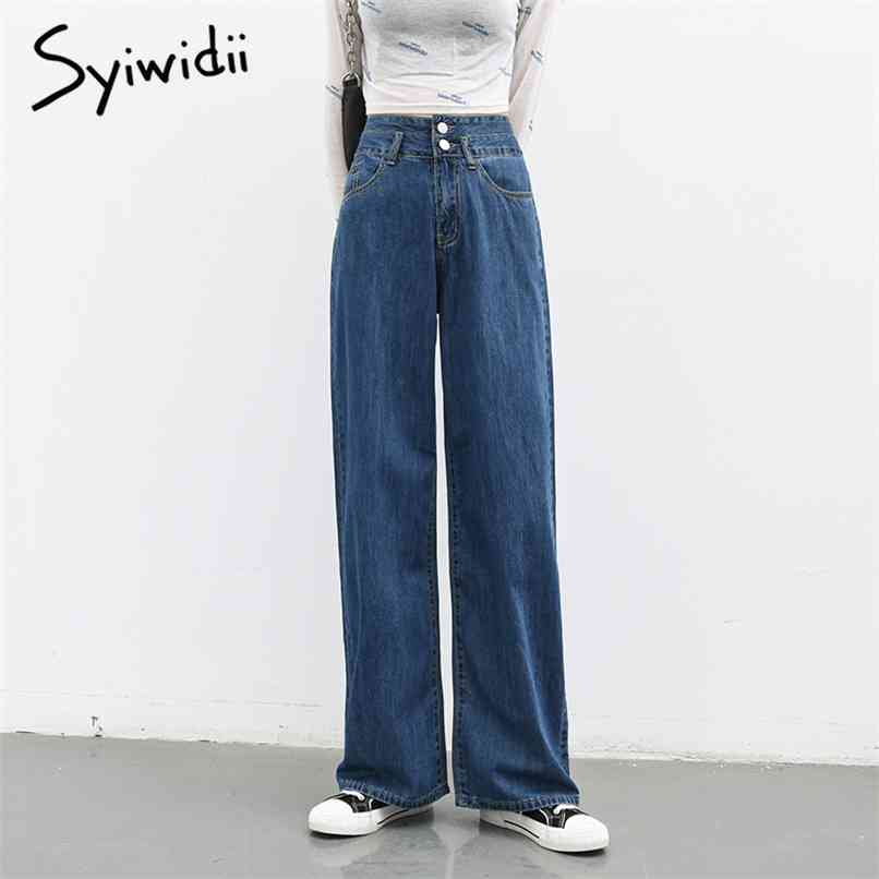 

2 Button High Waisted Mom Jeans for Women Full Length Trousers Straight Denim Pants Blue Baggy Clothes Wide Leg 210607, Sky blue
