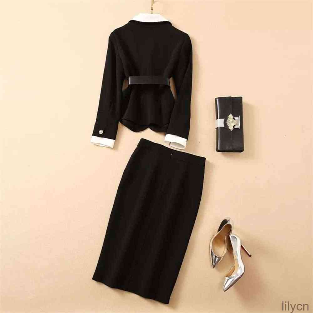 

Two Piece Dress European and American women's wear winter style Long sleeved single - breasted belt jacket skirts Fashion black suit