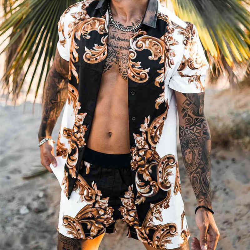 

Fashion Hawaiian Sets Man Printing Short Sleeve Button Shirt Beach Shorts 2021 Summer Streetwear Casual Beach Shirt Set Men 2Pcs X0503, C1