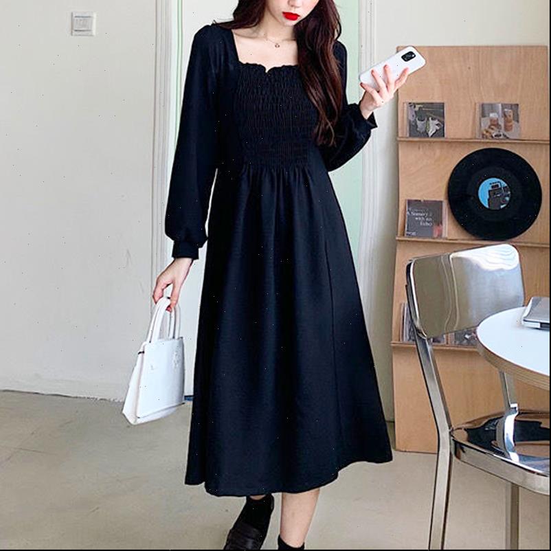 

french elegant full sleeve long womens dress black square collar gothic fairy wedding party one piece spring clothing, Black;gray