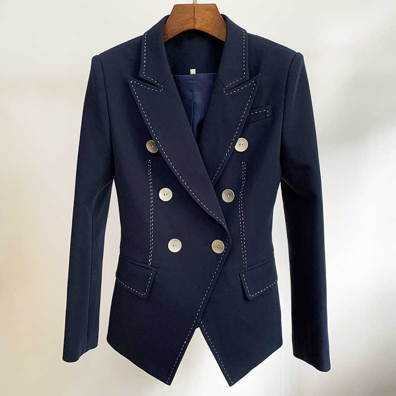 

HIGH QUALITY Designer Blazer Women's Double Breasted Shell Buttons Contrast Top stitching Casual Jacket 210526, Navy blue
