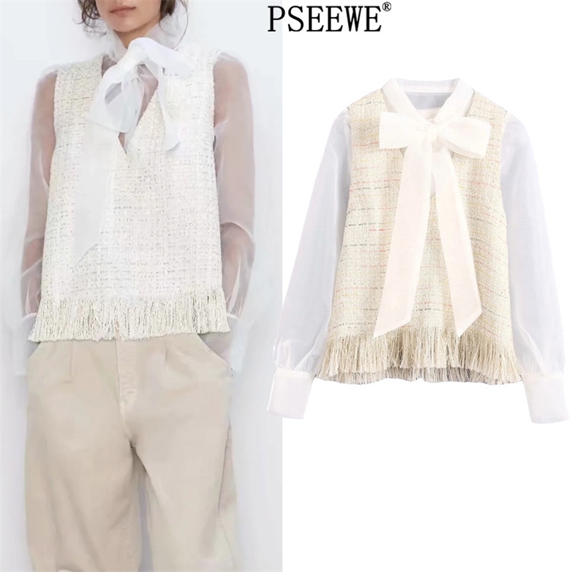 

Spring Tweed Patchwork Top Female Elegant Long Sleeve Chic Woman Blouse Fashion Bow Organ Semi Sheer Tops 210519, Beige