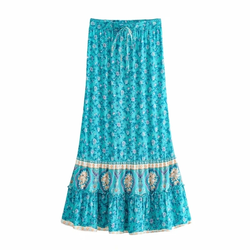 

Summer Skirts Womens Vintage Floral Print Chiffon Pleated Elastic High Waist Casual Midi Women Clothes 210524, Blue