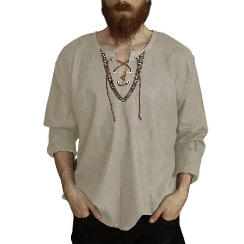 

Men's Casual Shirts Men Pullover Top 2021 Solid Color Shirt Front Lace Up V Neck Long Sleeve Loose Streetwear, Black