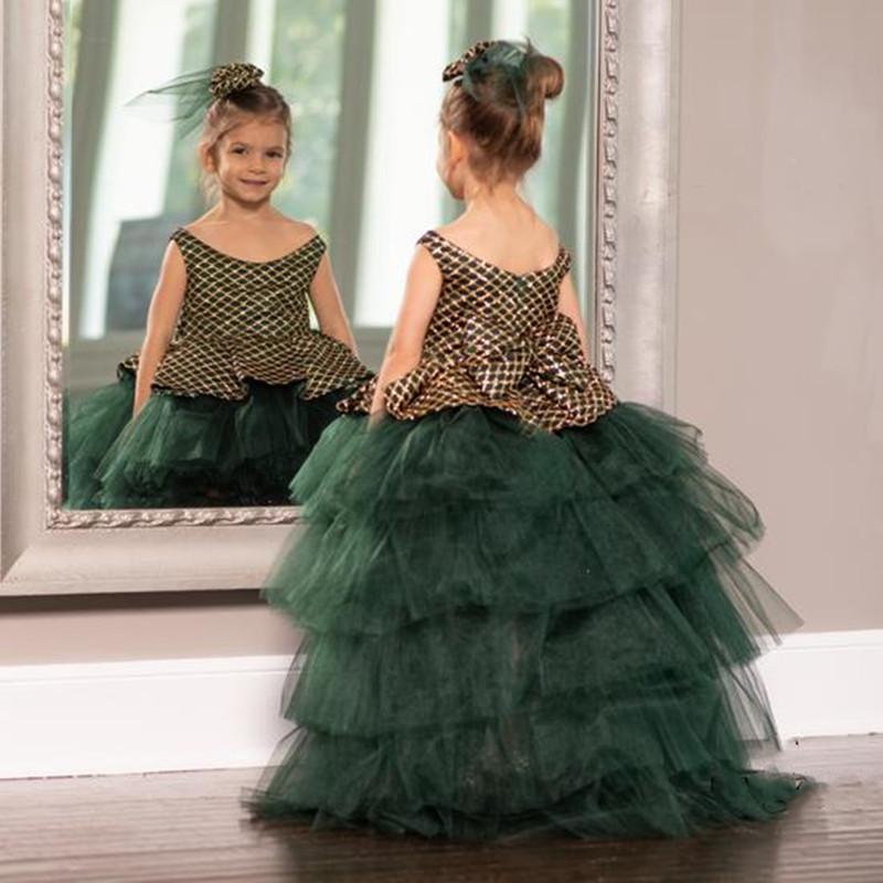 

Girl's Dresses Emerald Green Dress For Little Princess Layered Train Fluffy Flower Girl Infant Children Birthday Party Gown