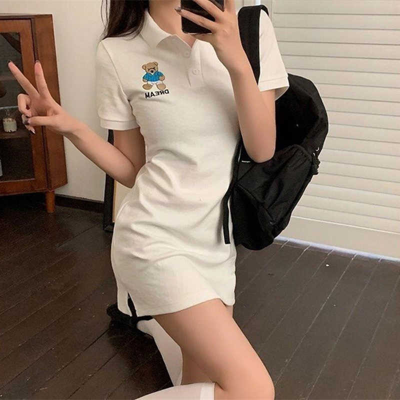 

Summer Korean Ulzzang bear embroidery dress casual slim sexy punk party Vintage kawaii women Harajuku big size 210608, Black