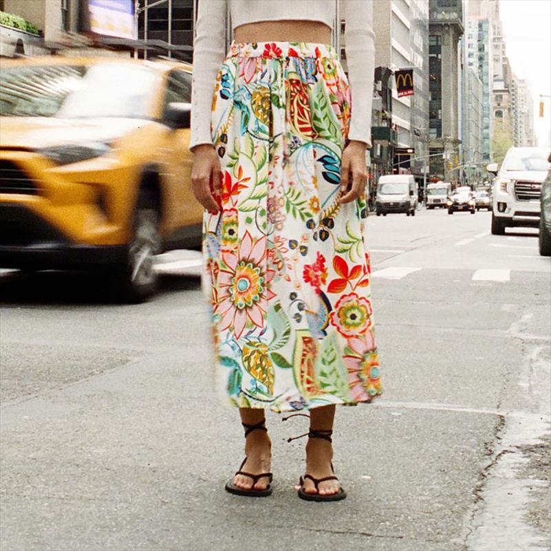 

summer loose print za women skirts floral elastic waist drawstring bow tie female elegant sweet street skirt clothing, Black