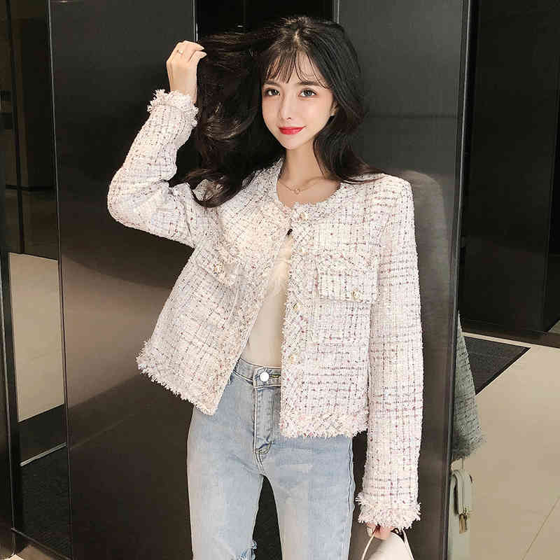 

Arrival Short Tweed Coat Women O-neck Single-breasted Tassel Slim Plaid Jacket Outwear Fashion 210525, Black