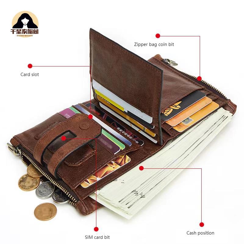 

Wallets Men'S Wallet 2021 Winter Leather Card Bag Casual Fashion Double Zipper Retro RFID Anti-Theft Brush Large Capacity Money Clip, Black
