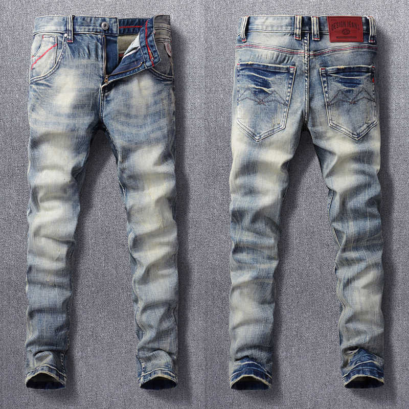 

Italian Style Fashion Men Jeans High Quality Retro Distred Elastic Slim Ripped Vintage Designer Casual Denim Pants DVFH, Retro yellow blue
