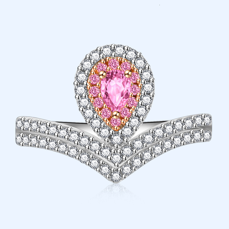 Ring Jewelry Powder Color Diamond Plated Gold Water Drop Pear Shaped Crown Elegant Simulation Wedding-image-716915197