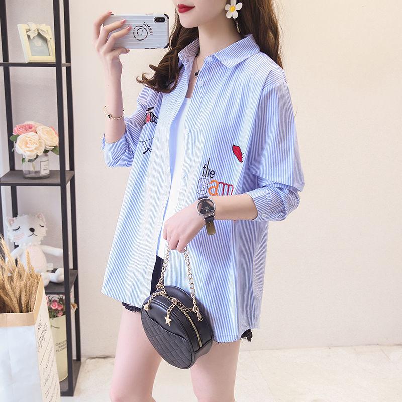 

Women' Blouses & Shirts Women Embroidery Office Ladies Sweet Turn Down Collar Striped Tops Female Korean Loose Printed Long Sleeves S352, Blue