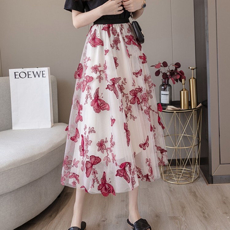 

Summer Streetwear Elastic waist 3D Butterfly embroidery flowers gauze skirt sexy Elegant Lady Midi Skirts 210518, Picture color