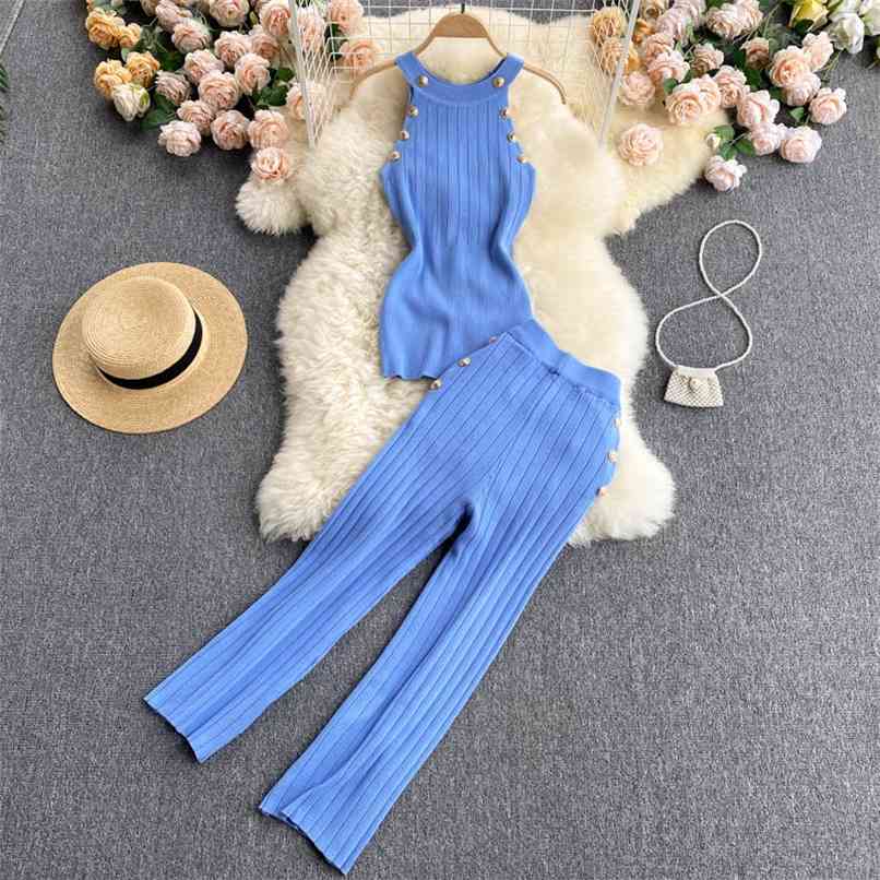 

INS Fashion Metal buttons Knitted 2pcs Sets Women Summer Halter Off-shoulder Knit Tank Top + High-waist Wide-leg Pants Suits 210602, Only khaki tank
