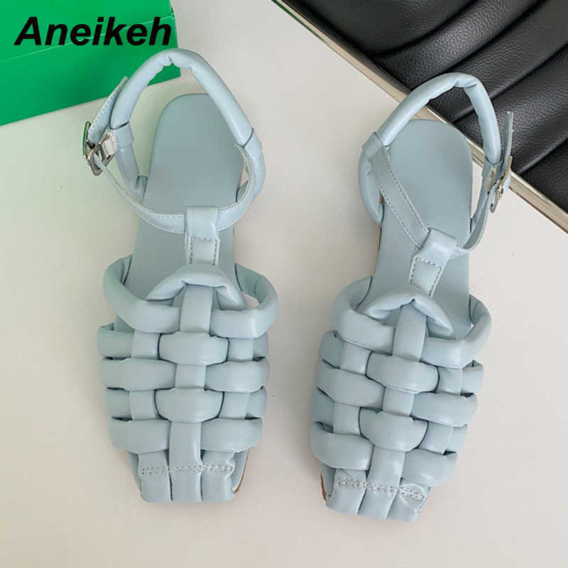 

Aneikeh Shoes For Women Summer PU Flat With Gladiator Sandalias Casual Open Party Fashion Leisure Solid Buckle Sewing Blue 210615, Black