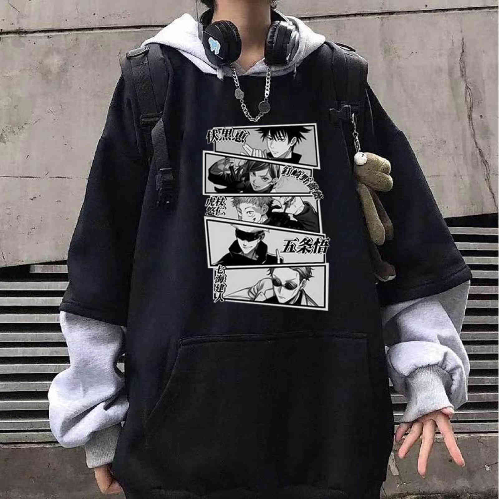 

Japanese Anime Jujutsu Kaisen Hoodies Long Sleeve Pullover Sweatshirt Unisex Clothes Y1109, Black