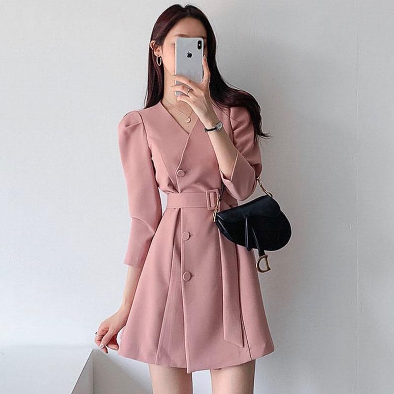 

Casual Dresses Temperament Suit Slim Mini V Single Breasted Pink Dress Women Belt Vestido Feminino Wild Sweet Elegant Autumn Puff Long Sleev, Black;gray