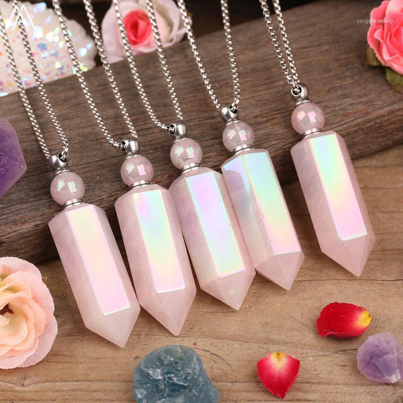 

Titanium Rainbow Natural Roses Pink Quartz Hexagon Point Perfume Bottle Pendant Gold Necklace Women Aura Crystal Stone Necklace1