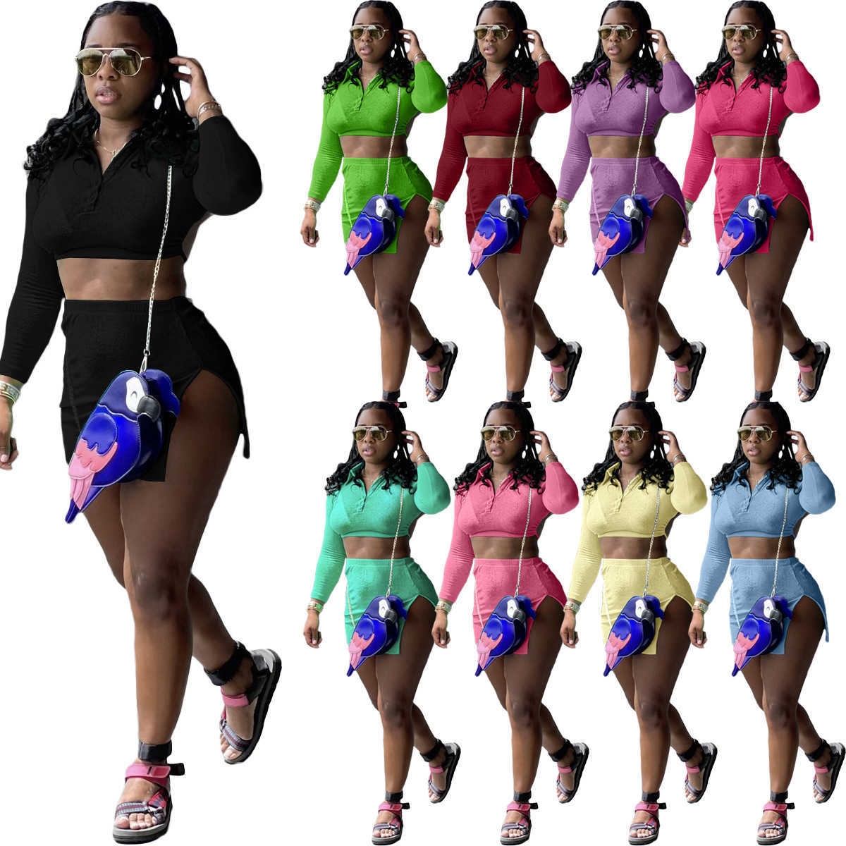 

Designers Women tracksuits sport suits Clothes 2021 fashion solid nude back drawstring T-shirt with side slit skirt two piece set, Mix colours or leave a message