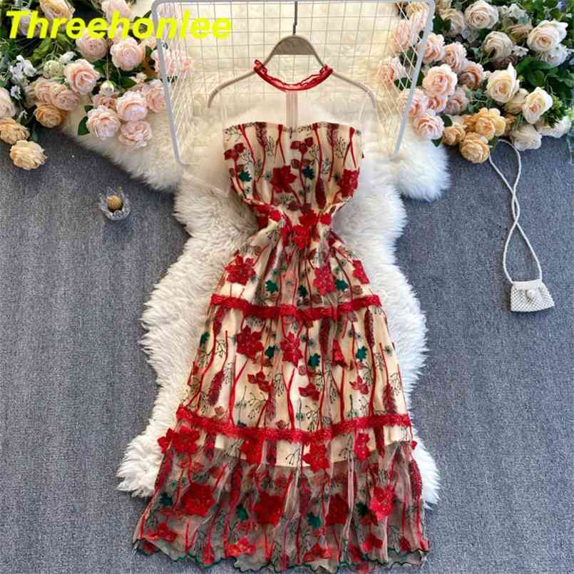 

Summer Women Fairy Dress Elegant 3D Flower Red Embroidery Mesh Female Lace Party Holiday Long Dresses vestidos 210515, Strapless style