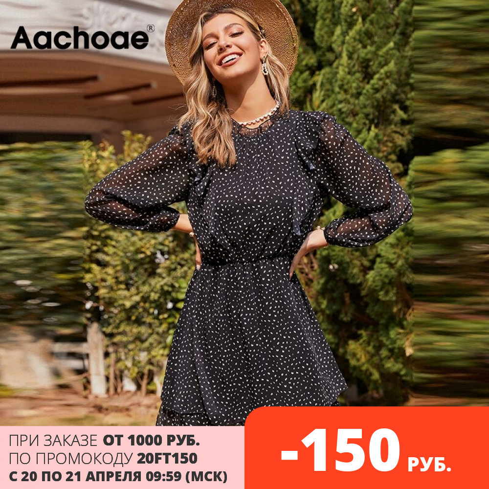 

Women Casual Print Chiffon Dress See Through Long Sleeve Pleated Mini Dress Ruffles Beach Sundress 2021 Robe Femme -XL