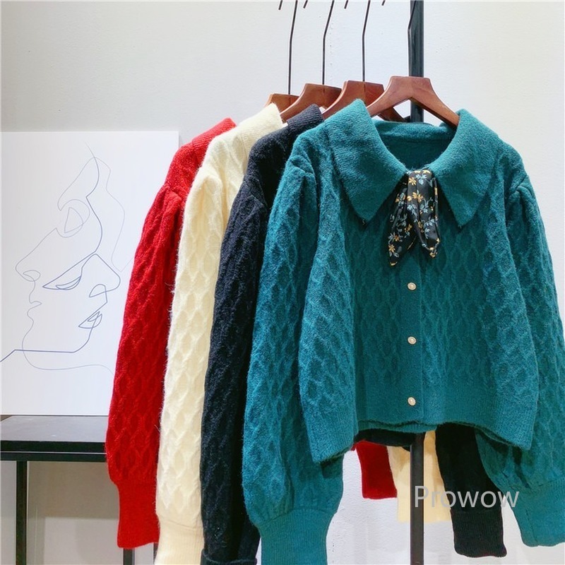 

women's knits & tees lapel sash bow cute cardigan short sweater coat jacket women spring autumn knitwear korean fashion knitted gi, White