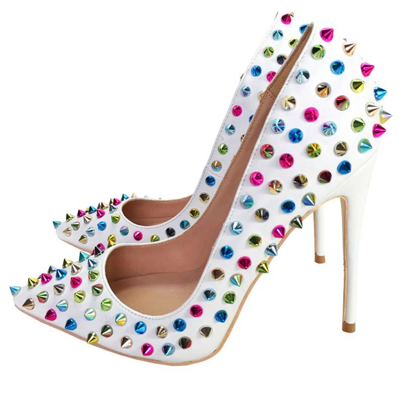 

New Style Women's Shoes Color Rivet High Heels White Soft Leather Pointed Toes Thin Heel Pumps Shallow Mouth Spiked Studded Ladies Party Dress Shoe, 8cm heel
