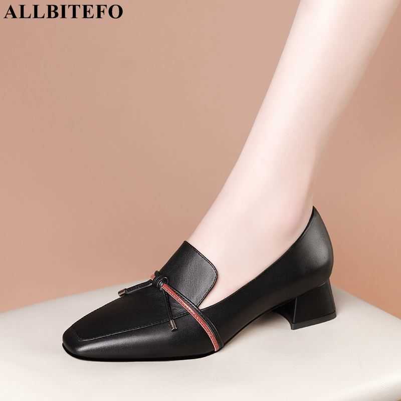 

ALLBITEFO size 33-42 comfortable soft genuine leather women heels shoes square toe thick heel fashion high heels women pumps 210611, As picture