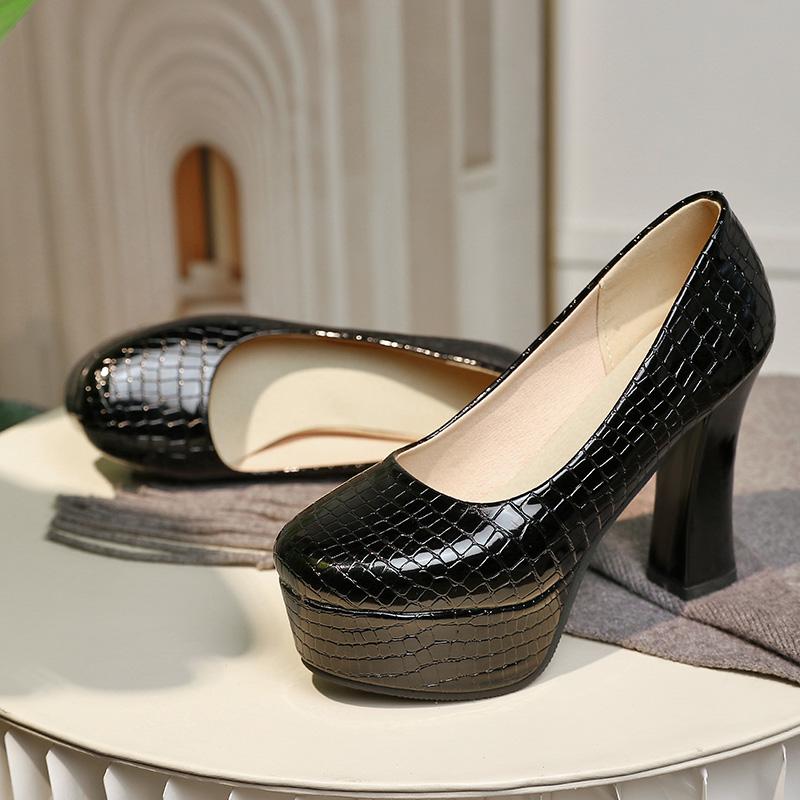 

Bright Red Mesh Texture Thick Heel Pumps Simple Sexy Waterproof Platform PU High Heels Stone Pattern Women's Shoes Dress, Black