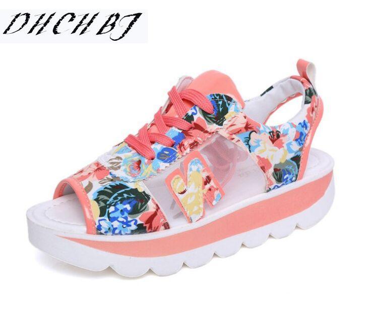 

Ladies Sandals Summer Casual 2021 Style Fashion Print Lace Ribbons Women Wedges Platform High Heel Shoes, Black