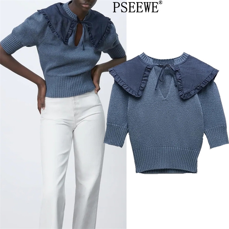 

Spring Blue Contrast Knitted Woman Sweater Cute Short Puff Sleeve Crop Top Women Fashion Summer Rib Knit 210519, Navy blue