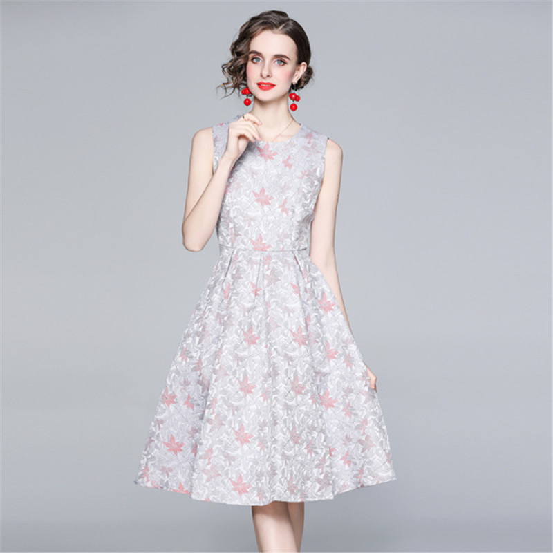 

Women Spring Designer Elegant Jacquard Dress Female Sexy Slim Office Party Robe Lady Vintage O-Neck Sleeveless Dresses Vestidos 210525, Gray
