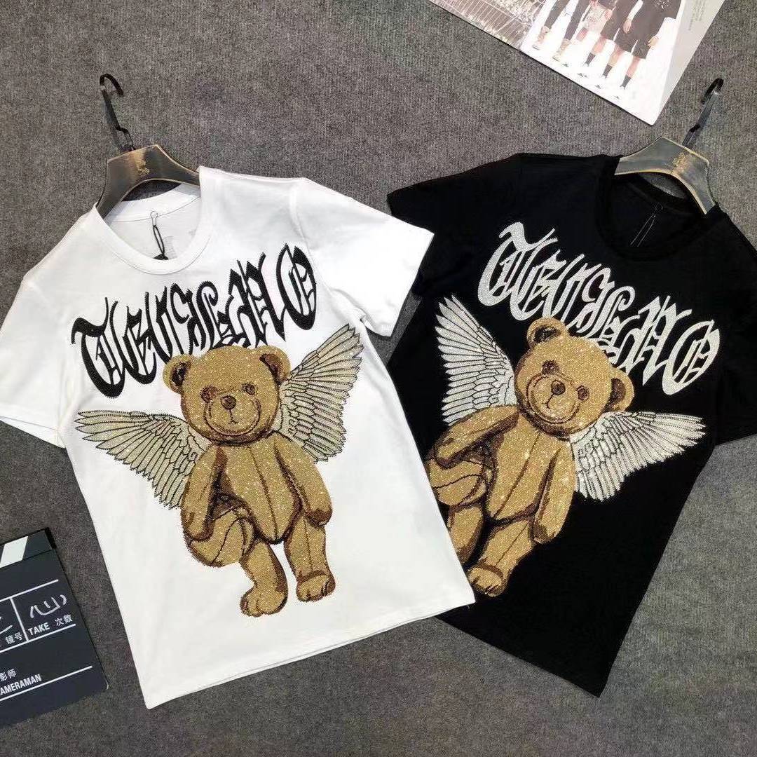 

European station 2021 spring new slim European and American trend personalized hot diamond wings bear men's Short Sleeve T-Shirt, White;black