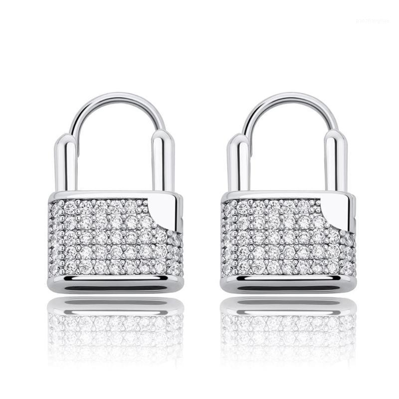 

Stud Hip Hop Lock Earrings Iced Cubic Zirconia Luxury Gold Micro Pave Gift For Men Women, Golden;silver