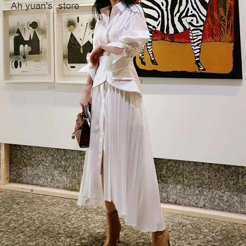 

Casual Dresses Ah Yuan Elegant Pleated Dress For Women Lapel Long Sleeve High Waist Maxi Female Fashion Clothing 2021 Spring, White