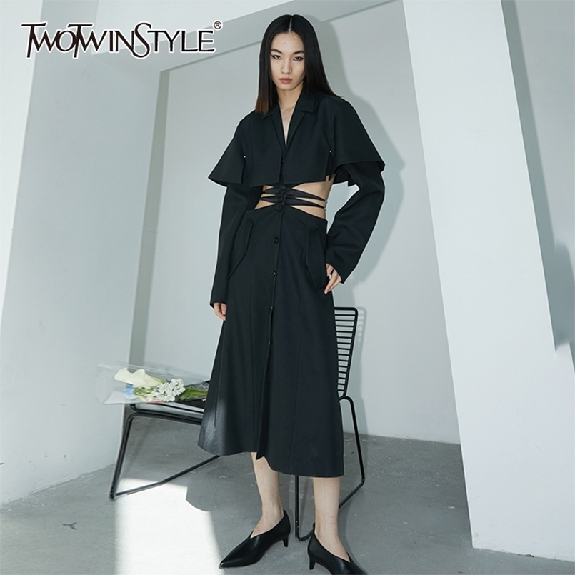 

Sexy Hollow Out Waist Windbreaker For Women Patchwork Pearl Cape Trench Coats Female Fashion Spring 210524, As picture